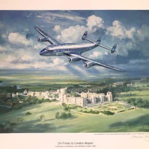 On finals to London Airport. Lockheed constellation over Windsor castle 1949. Art print by Douglas Ettridge 1927-2009. Signed and numbered 111 0f 500. MODERN ART Antique Art